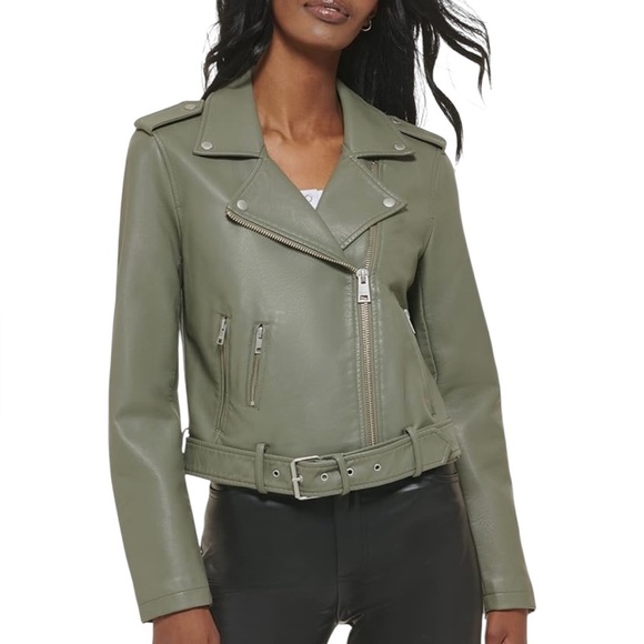 Levi's womens Faux Leather Belted Motorcycle Jacket- Green- Size Medium - Picture 13 of 15
